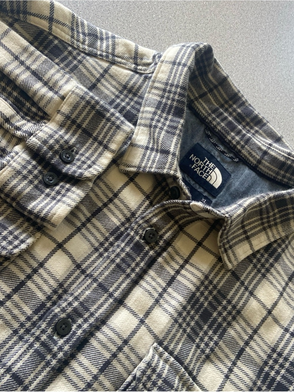 The North Face Men's Cream and Gray Plaid Button-Up Shirt
